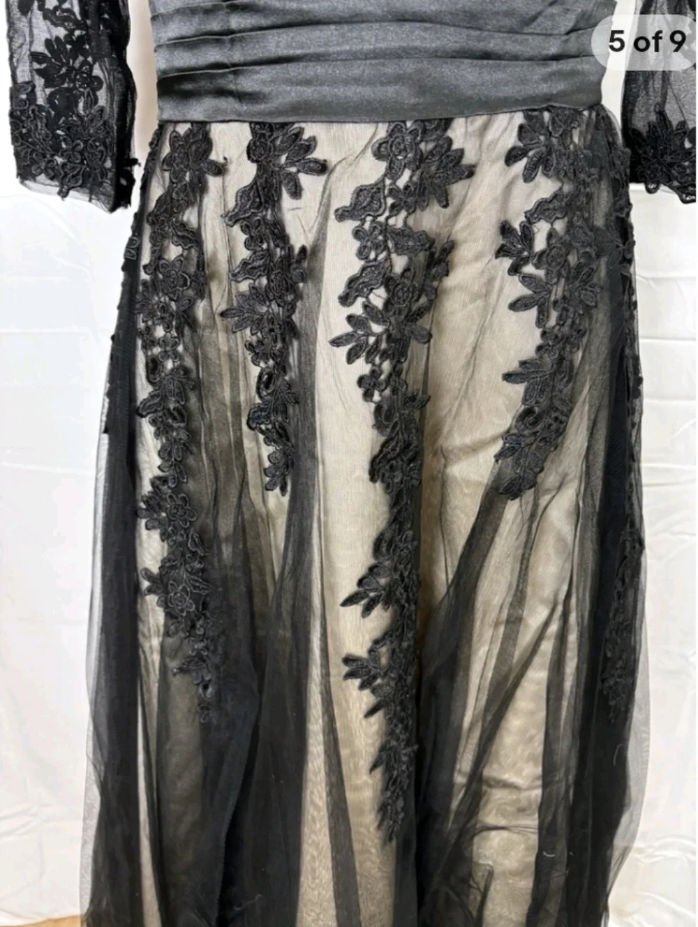 Elegant Black Lace Overlay Midi Dress - Taupe Underlay - Picture 5 of 8